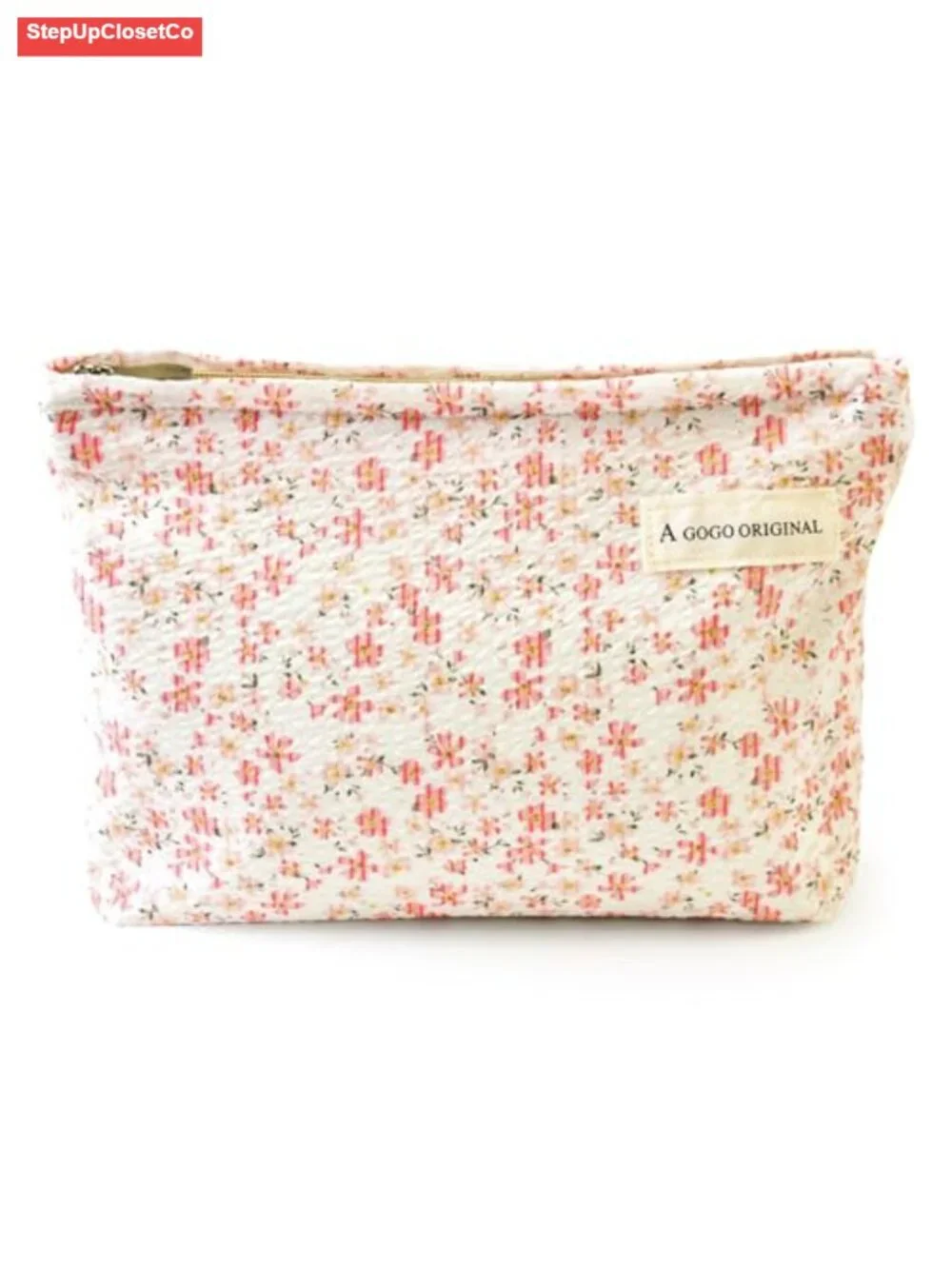 Quilted Floral Cotton Makeup Bag with Zipper - Travel Cosmetic Organizer Pouch
